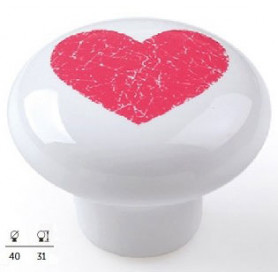 Bouton de meuble porcelaine blanc et motif coeur rouge