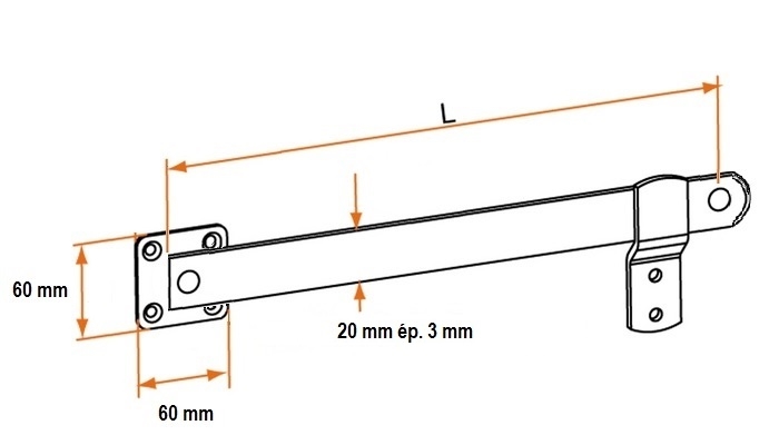 Schéma poignée de fléau inox A2 ou A4 longueur 150mm, 180mm, 200mm ou 250mm