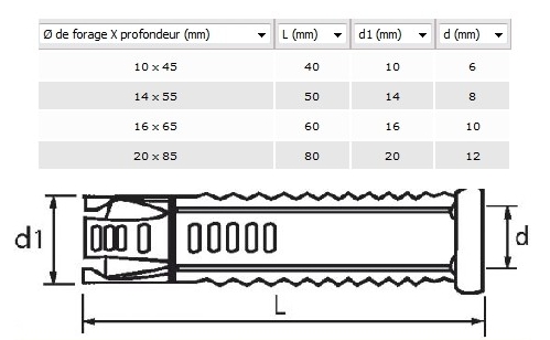 Cotes et dimensions des chevilles inox A4