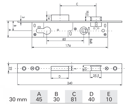 Cotes de la serrure entraxe 85 mm axe 30 mm