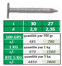 Cotes et quantité des pointes inox à ardoise