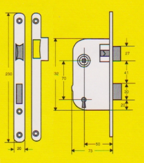 Cotes de la serrure à mortaiser 50 mm